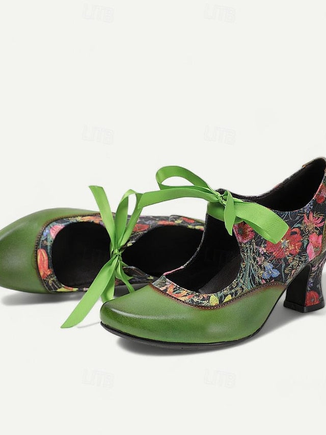 Mary Floral Heels Green Women's with Jane Leather Print