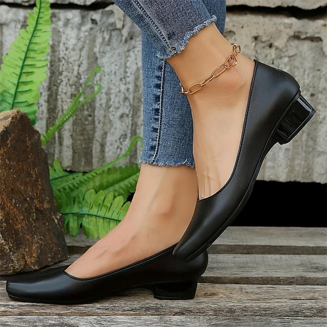 Classic Black Pumps Round Low Toe Women's – Heel Slip-On
