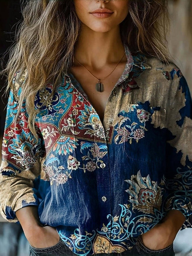 Women's Shirt Boho Shirt Pocket Buttons Print Floral