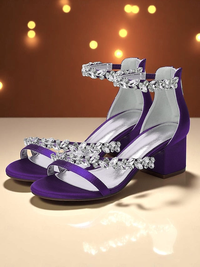 Crystal Sandals - Women's Heel Purple Block Satin