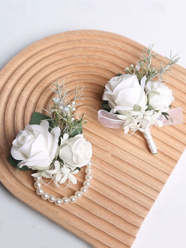 Wrist White and Elegant Corsage Boutonniere Rose – Set