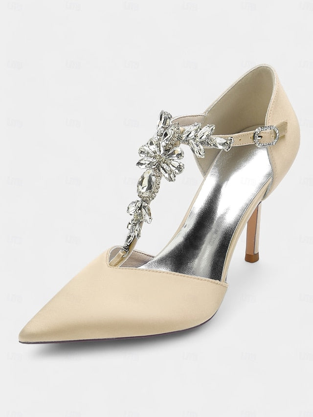 Blue Toe Pointed Women's Heels Navy – Satin T-Strap