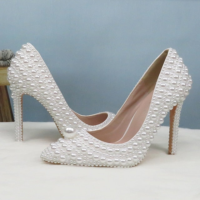 Pearl-Embellished and Round Heels Pearl White Stiletto Set Purse