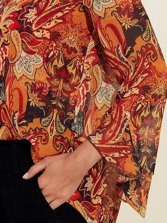 Women's Paisley Print Chiffon Peasant Top Lantern Sleeve