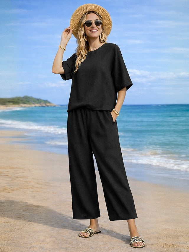 Women's Cotton Linen Sets Two Piece Sets Pure Color Hot