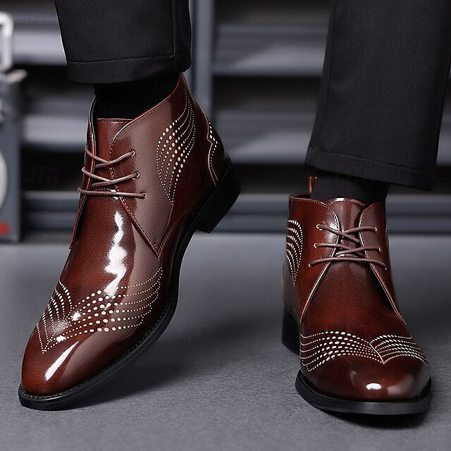 Burgundy Glossy Wingtip Faux Brogue Ankle Leather Men's