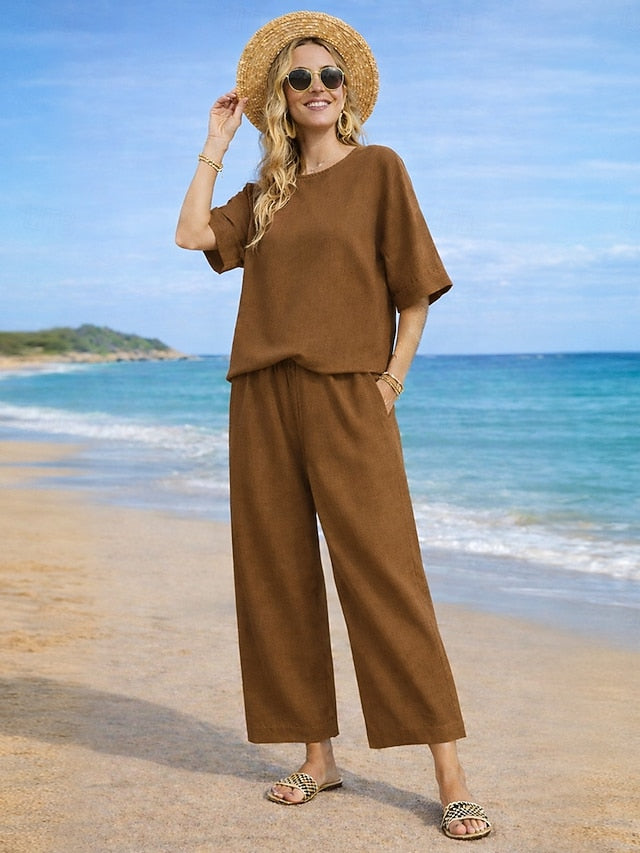 Women's Cotton Linen Sets Two Piece Sets Pure Color Hot