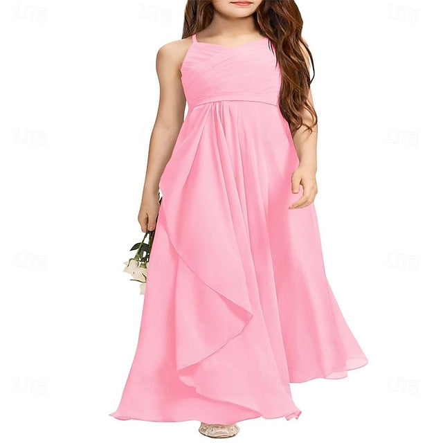 Bridesmaid Junior A-Line Flower Dress Flowy Halter Girls Girl