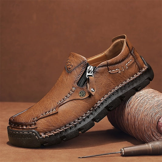 Leather with Side Faux Brown Slip-On Loafers Men's Zipper