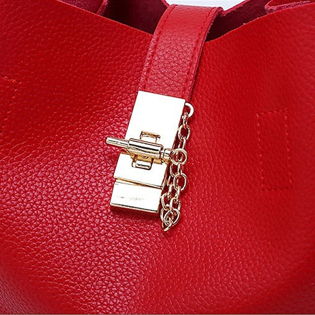 Gold Lock with and Faux Women's Chain Leather Handbag Red