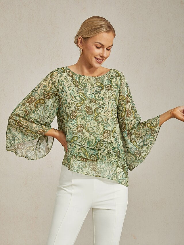 Women's Blouse Green Paisley Floral Layered 3/4 Sleeve