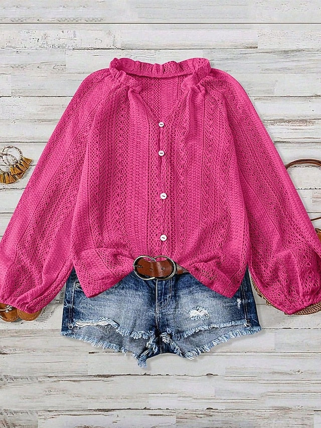 Women's Shirt Dressy Tops Hollow Out Buttons Plain Elegant