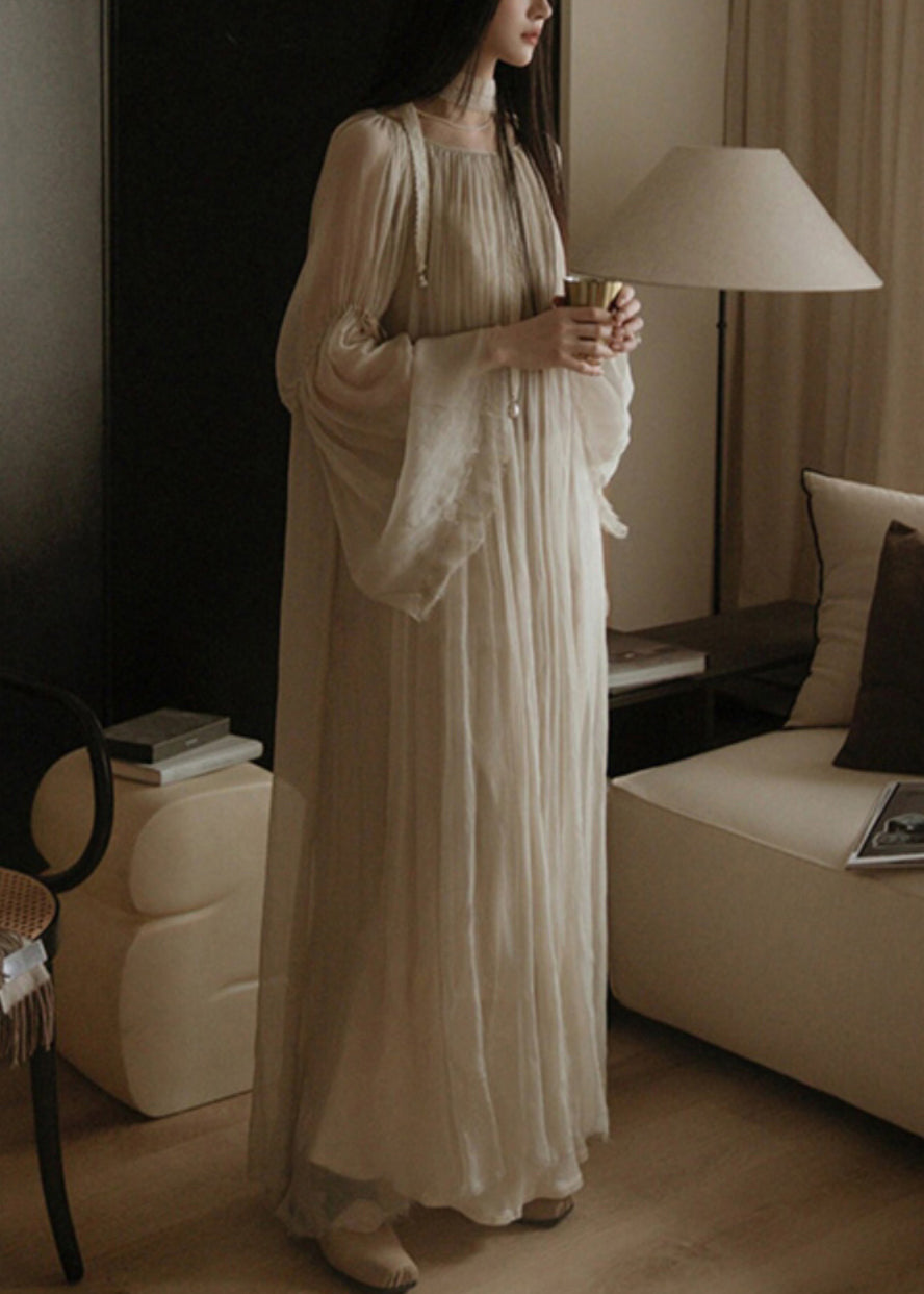 Elegant White Solid Wrinkled Silk Cotton Long Dress Flare Sleeve TT1050