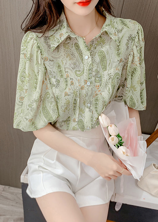 Peter Green Pan Collar Elegant Top Lantern Print Chiffon Shirt