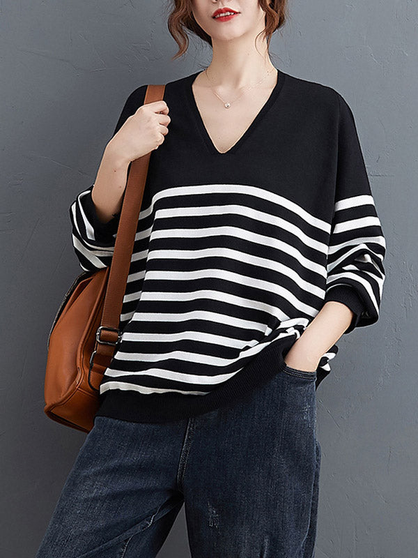 Casual Loose Black V-Neck Contrast Color Striped Long Sleeve Knit Sweater AN1035