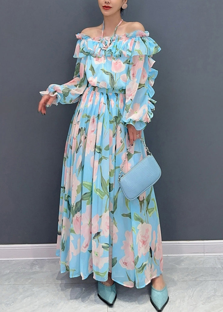 Fashion Blue Cold Shoulder Ruffled Patchwork Chiffon Dresses Long Sleeve AO1008