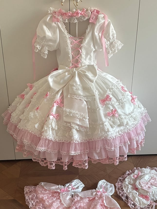 Dress Sweet Princess Pink Lolita with Detachable Bow Accents Sleeves Waist High White
