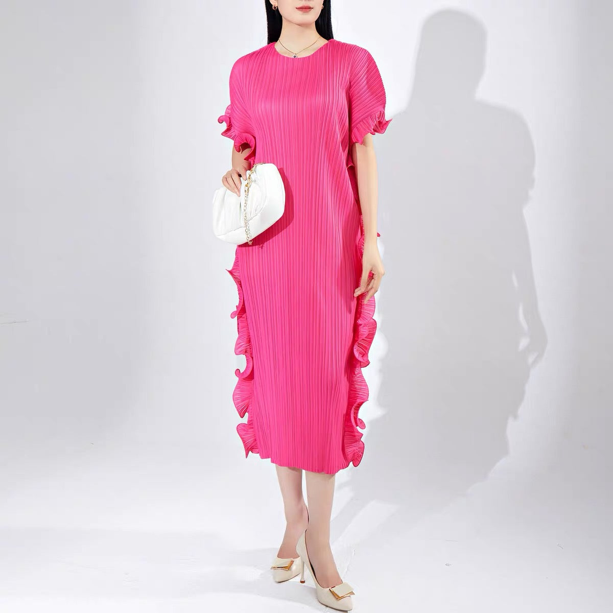 Chic Pink Round Neck Pleated Batwing Sleeve Lace-up Dress AZ1009