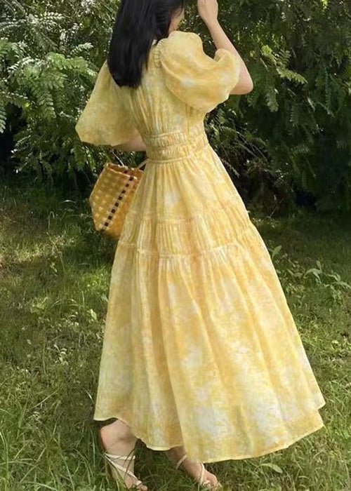 Chiffon Bohemian Print Long Neck V Dress Summer Yellow