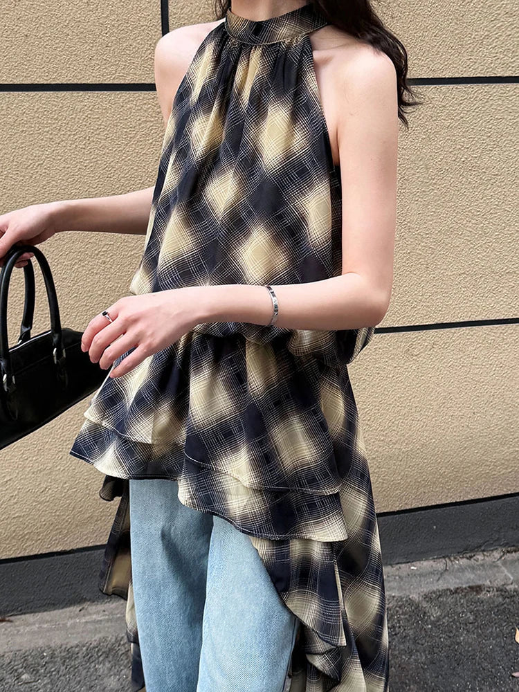 Khaki Top Plaid Asymmetric Halter Sleeveless Neck Uniaue High-Low