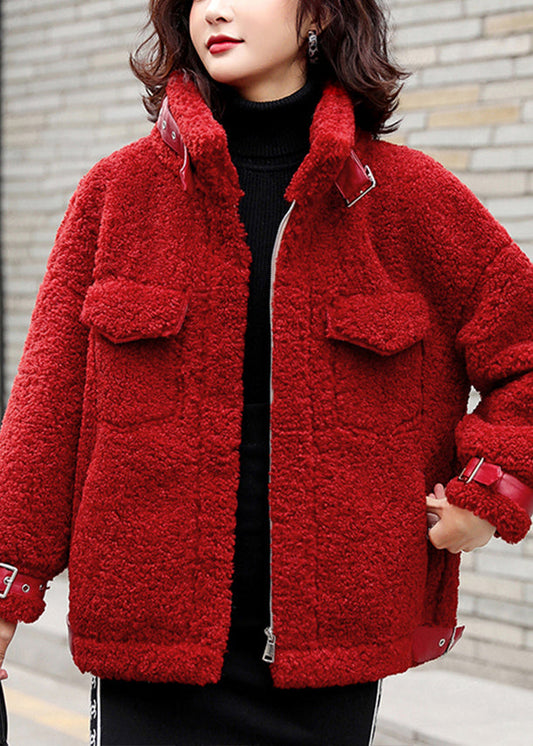 Loose Red Zippered Solid Patchwork Teddy Faux Fur Coat Winter RY001