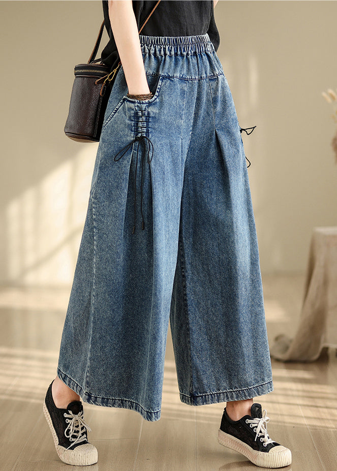 Denim Strap Blue Wrinkled Summer Leg Cross Pants Wide