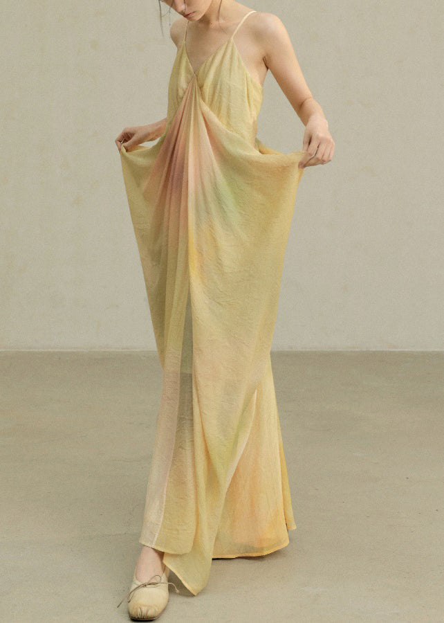 Spaghetti Tie Dye Yellow Cotton Wrinkled Strap Novelty Dress