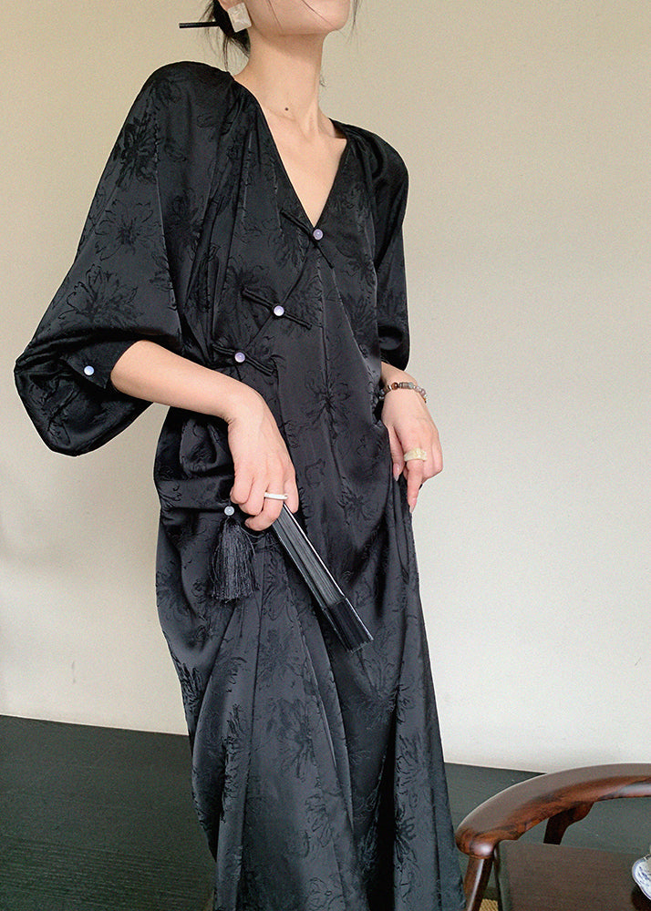 Oriental V Neck Beige Long Button Jacquard Spring Silk Dress New