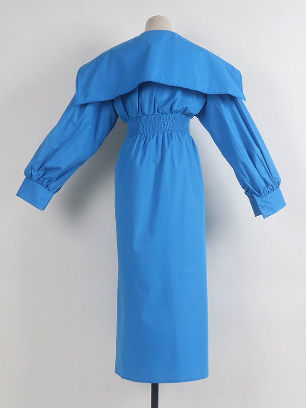 High Belted Pleated Lapel Long Black Asymmetric Waisted Modern