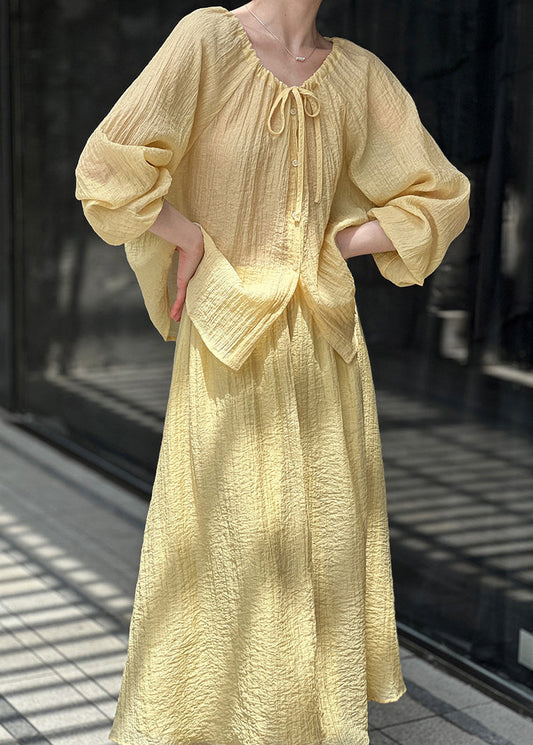 Yellow Tops Up Cotton Pieces French Skirts Lace Set Two And