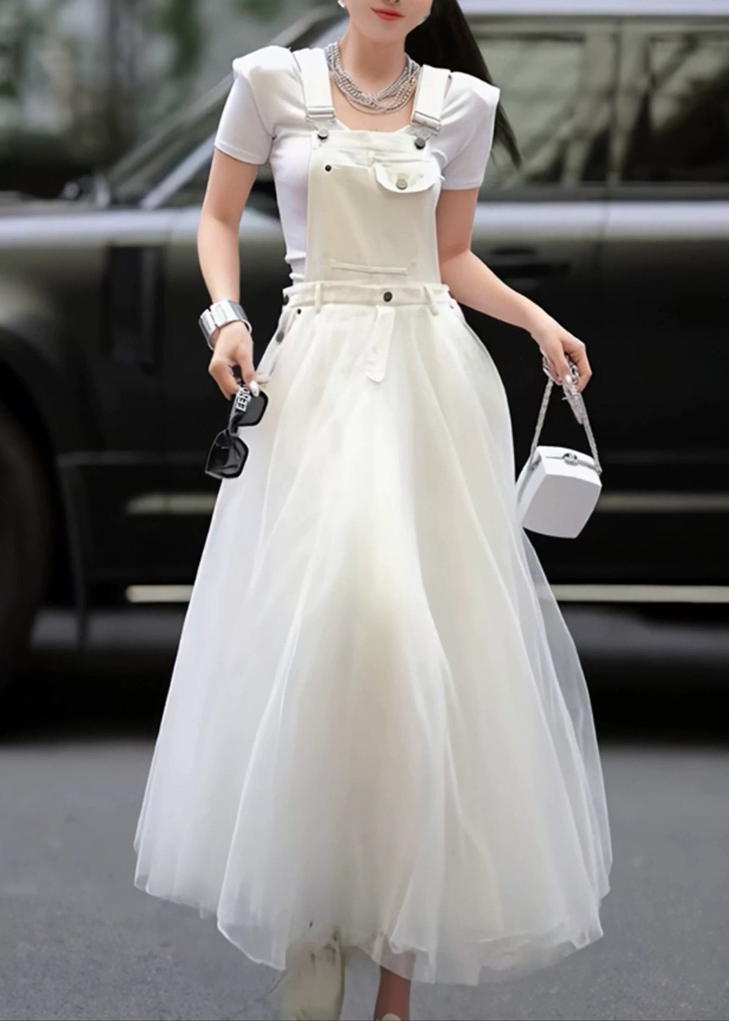 Distinctive Dress Patchwork Denim Strap Summer White Tulle