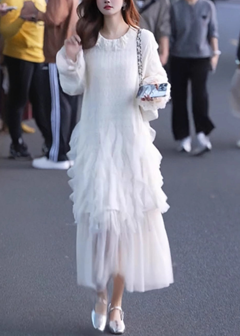 Elegant White Sleeve Patchwork Butterfly Tulle Solid Dresses Maxi