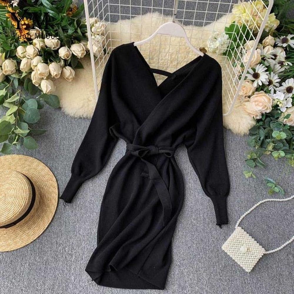 Elegant Beige V Neck Tie Waist Long Batwing Sleeve Dress