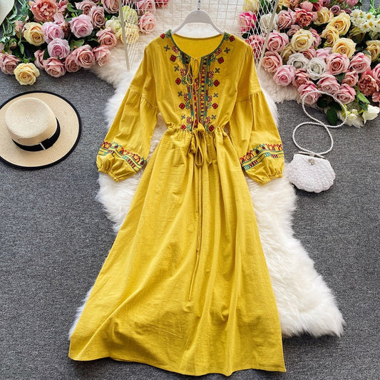 Ethnic Yellow Crew-neck Embroidery Raglan Long Puff Sleeve A-line Dress