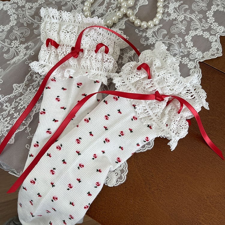 Floral Socks Pattern Details Bowknot Calf Lace Trim Black/White