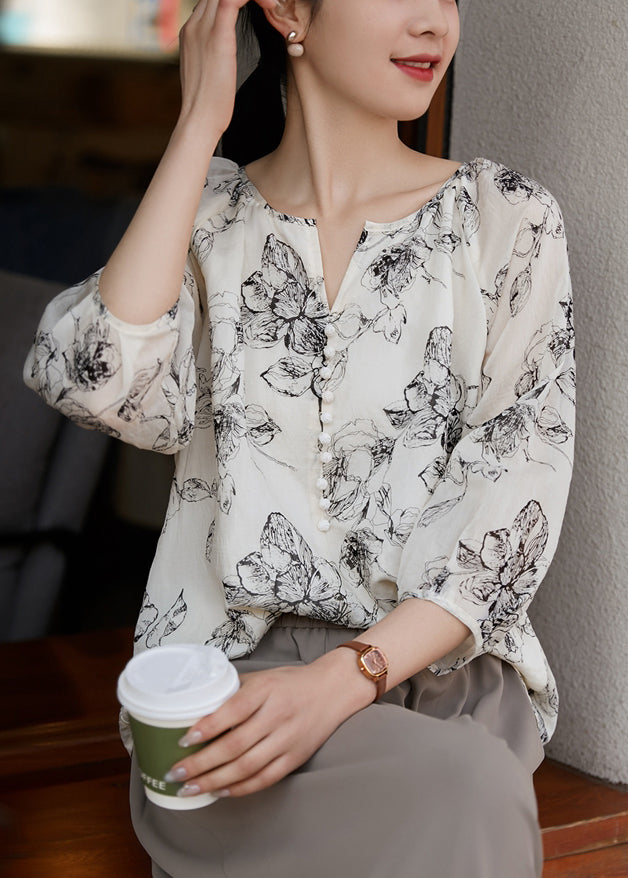 Cotton Print Bracelet Oversized Sleeve Shirts White Boho