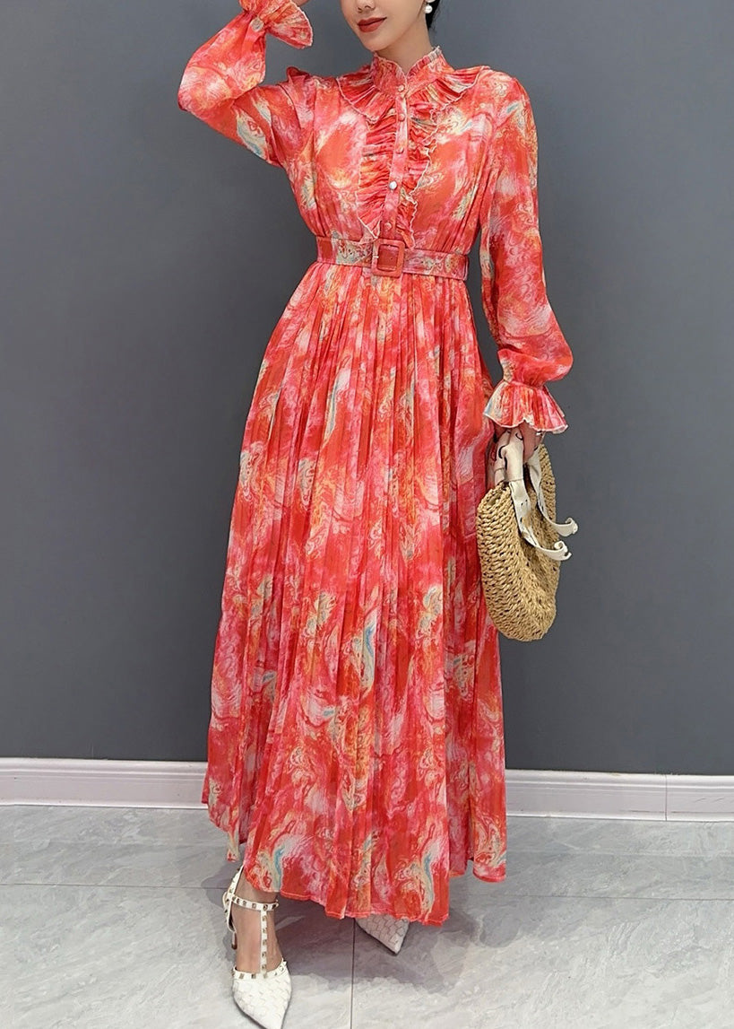 Long Chiffon Sashes Print Red Stand Collar Fashion Dress