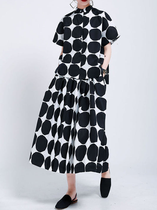 Mock Stylish Polka-Dot Shirt High Black Buttoned Neck Pockets