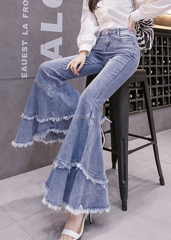 Denim Stylish Patchwork Spring Flared Trousers Tasseled Blue