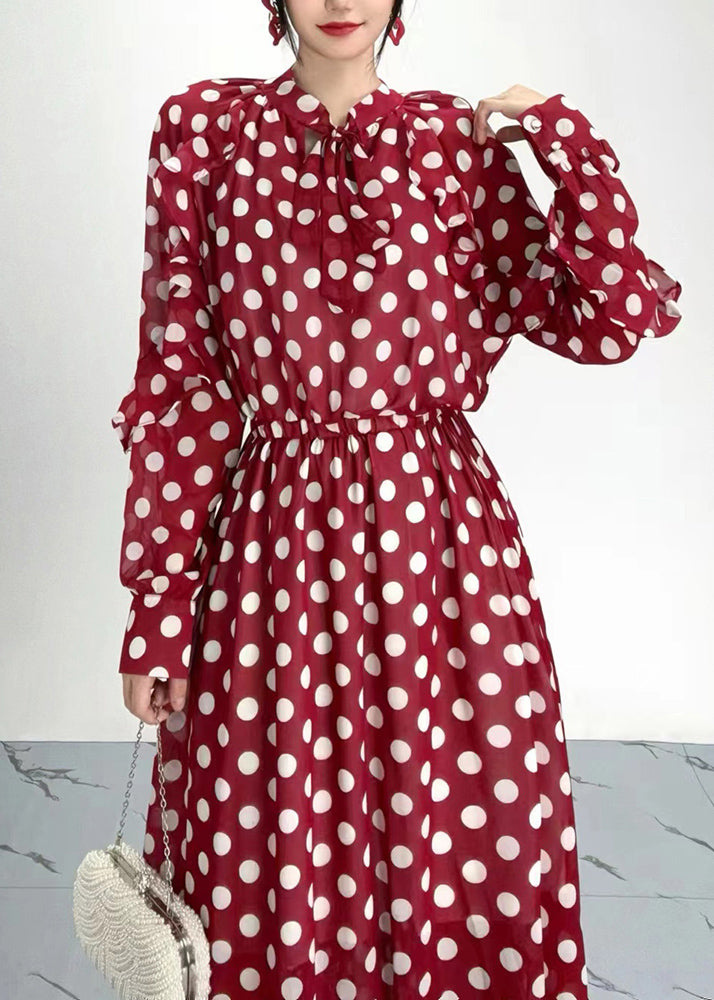 Organic Red Dot Print Ruffled Chiffon Dresses Long Sleeve AO1054