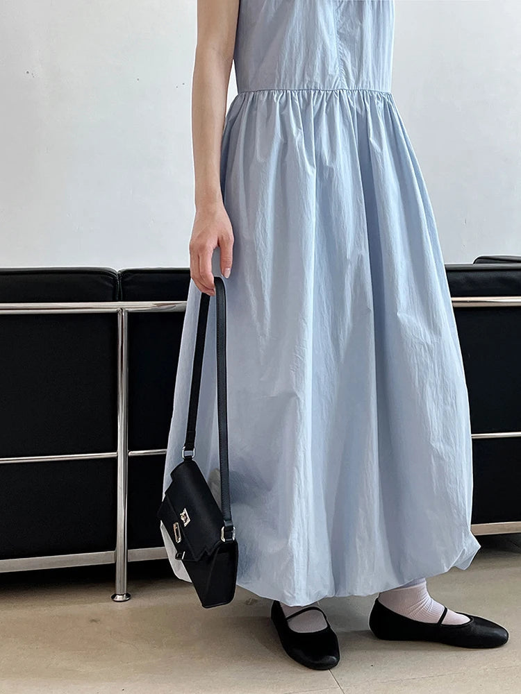 Simple Blue Puff Patchwork Dress Sleeveless O-neck Hem