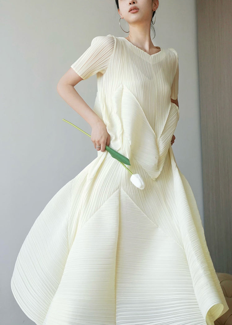 Dresses Summer Wrinkled French Style Beige Cotton