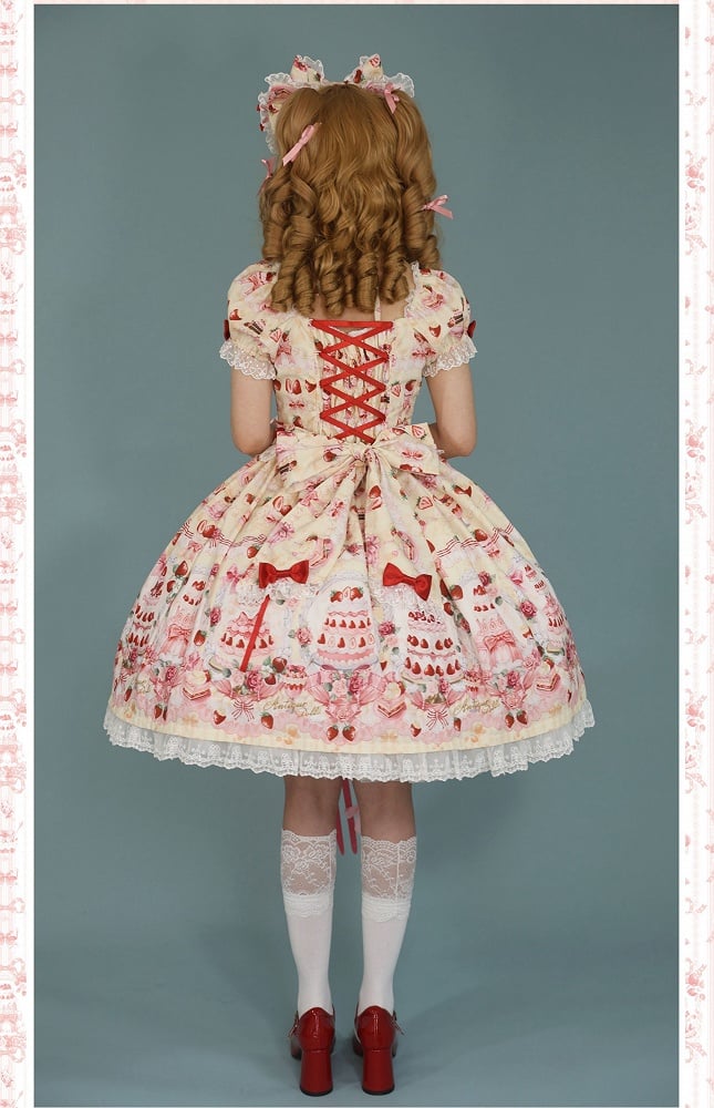 Full Accents Lolita Sweet Cake Print Bow / Dress Set Yellow Strawberry