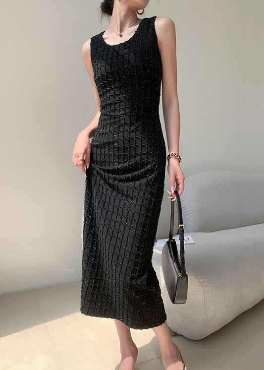 New Black O Neck High Waist Cotton Long Dress Sleeveless EE063