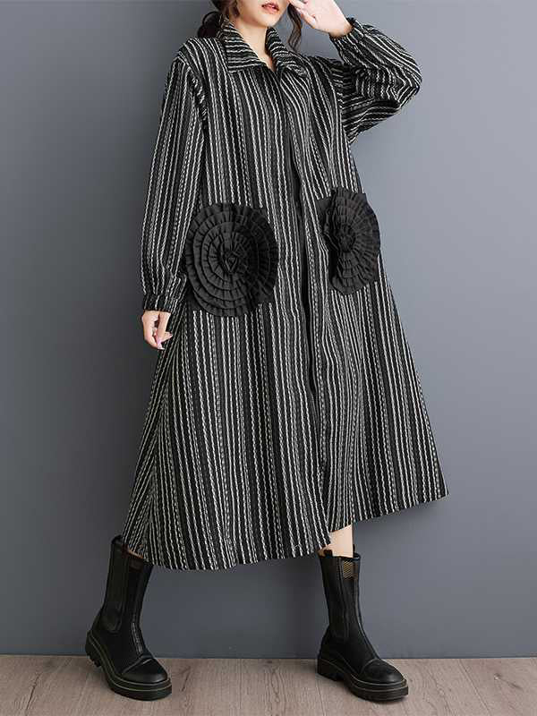 Design Black Lapel Flower Pockets Striped Long Sleeves Zip-up Dress WS010