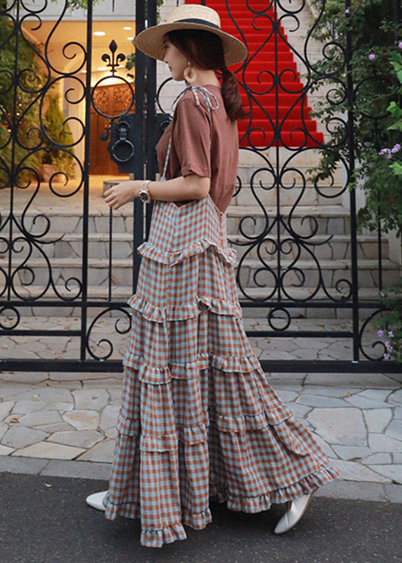 Sleeveless Dress Blue Plaid Long Patchwork Ruffles