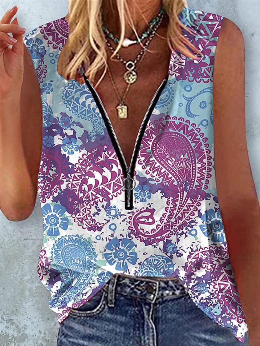 Paisley Loose Zipper Vacation Tank Top cc47