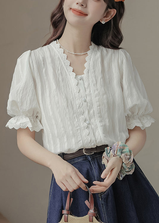 V Top Neck Summer White Lace Patchwork Casual