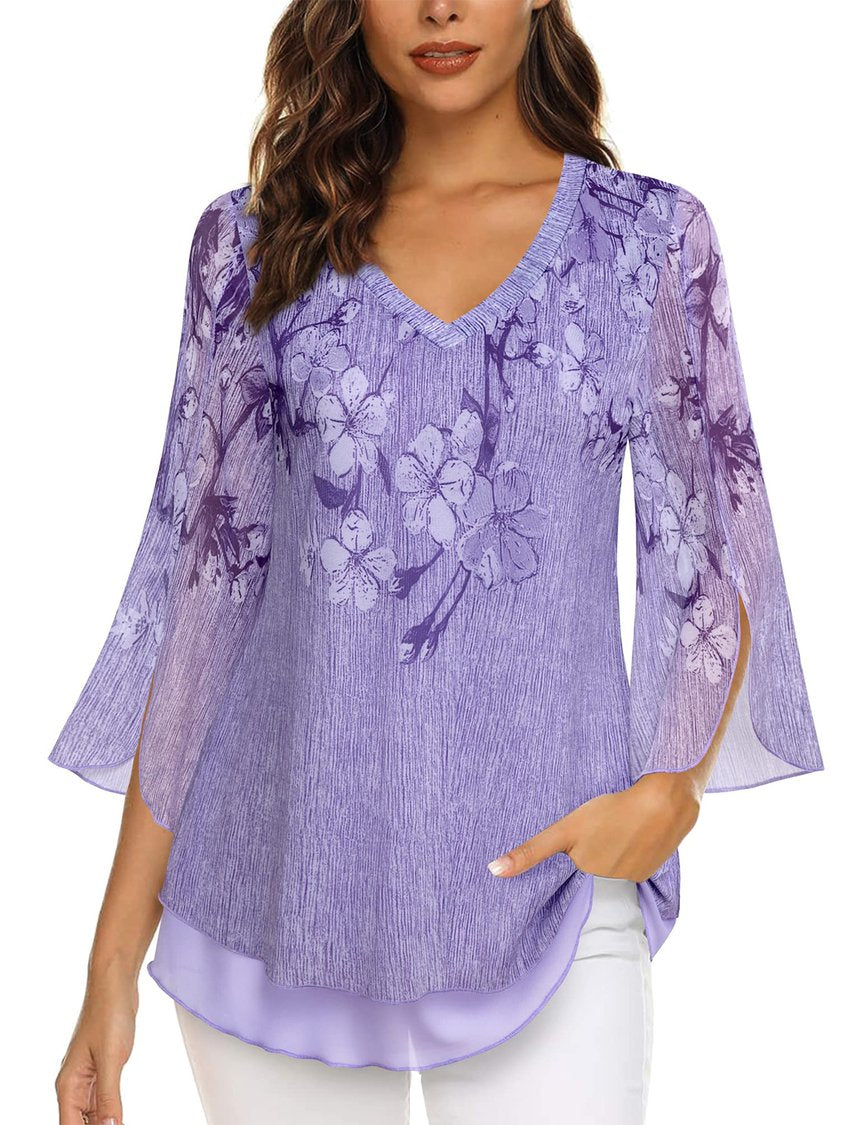 Floral Elegant Loose V Neck Shirt ap105