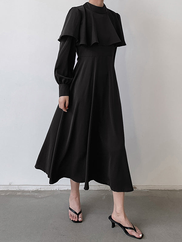 Waist Neck Ruffle A-Line Mock Elegant Tied Trim Long Coffee